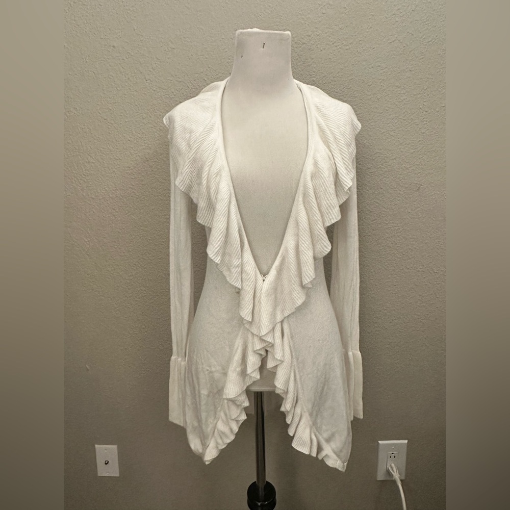 White House Black Market: Women’s White Ruffle Duster Cardigan, Size XS